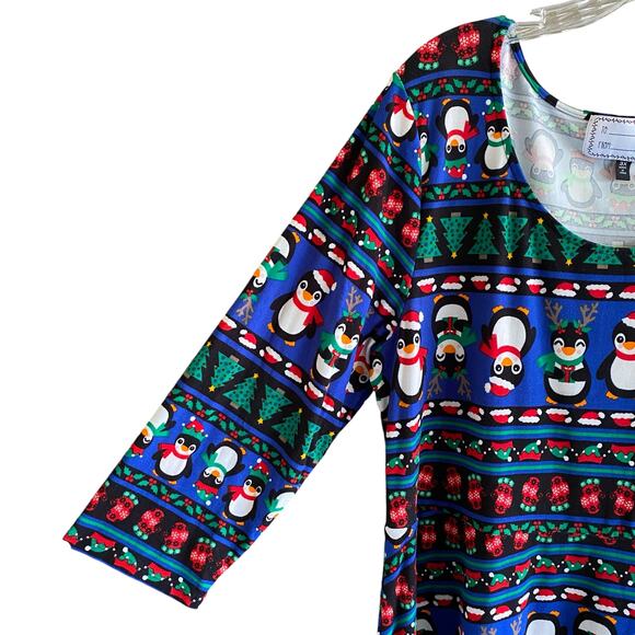 PENGUINS Print Dress 3X Stretchy Holly Mittens Christmas Trees Colorful Holiday - Picture 5 of 11